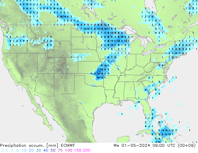 Precipitation accum. ECMWF śro. 01.05.2024 09 UTC