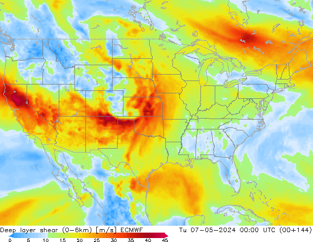 Deep layer shear (0-6km) ECMWF Di 07.05.2024 00 UTC