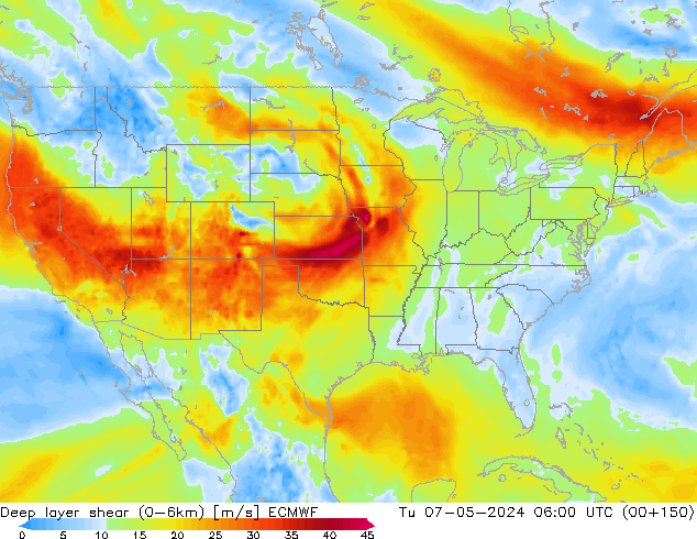 Deep layer shear (0-6km) ECMWF Sa 07.05.2024 06 UTC