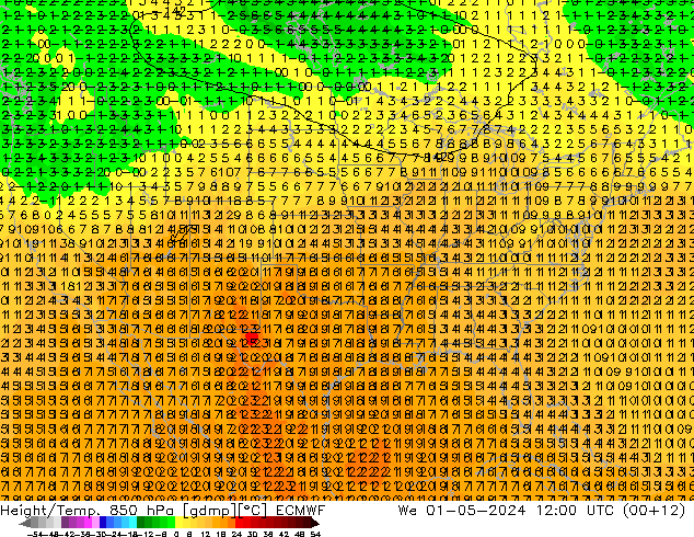 Z500/Yağmur (+YB)/Z850 ECMWF Çar 01.05.2024 12 UTC