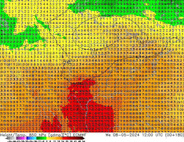 Géop./Temp. 850 hPa ECMWF mer 08.05.2024 12 UTC