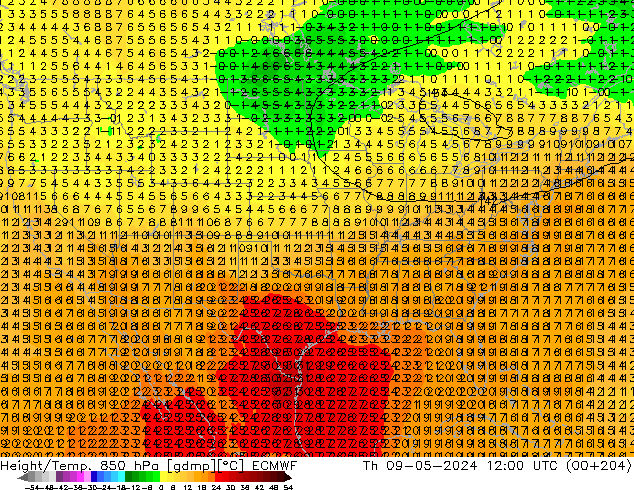 Height/Temp. 850 hPa ECMWF Th 09.05.2024 12 UTC