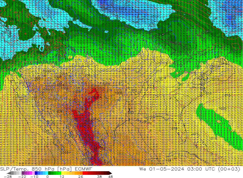 SLP/Temp. 850 hPa ECMWF mer 01.05.2024 03 UTC