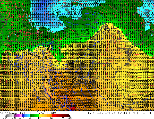 SLP/Temp. 850 hPa ECMWF Fr 03.05.2024 12 UTC