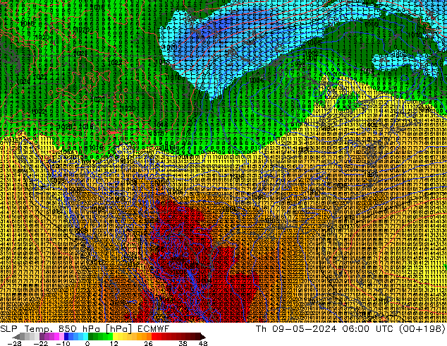 SLP/Temp. 850 hPa ECMWF jue 09.05.2024 06 UTC