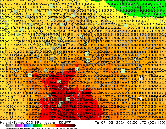 Yükseklik/Sıc. 925 hPa ECMWF Sa 07.05.2024 06 UTC