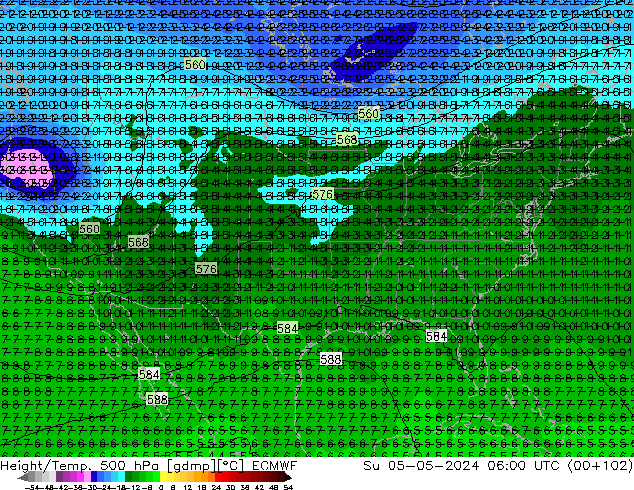 Z500/Rain (+SLP)/Z850 ECMWF Su 05.05.2024 06 UTC