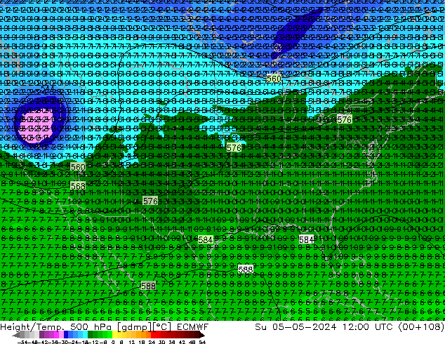 Z500/Rain (+SLP)/Z850 ECMWF Su 05.05.2024 12 UTC