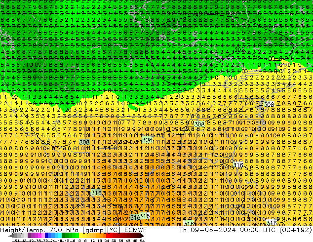 Height/Temp. 700 hPa ECMWF Th 09.05.2024 00 UTC