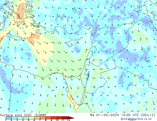 Vent 10 m (bft) ECMWF mer 01.05.2024 12 UTC