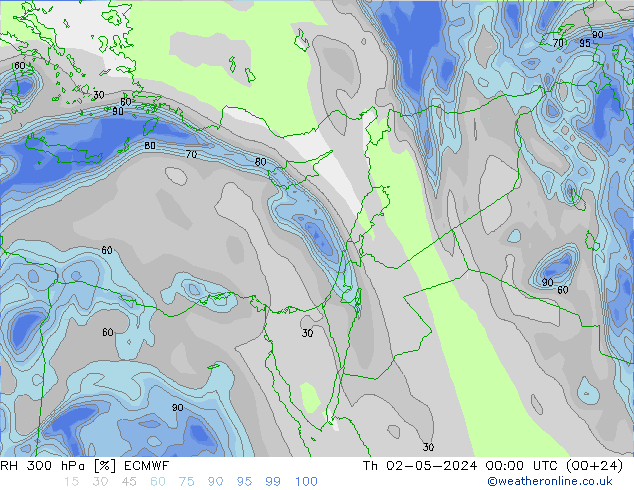 Humidité rel. 300 hPa ECMWF jeu 02.05.2024 00 UTC