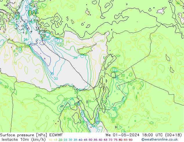 Isotaca (kph) ECMWF mié 01.05.2024 18 UTC