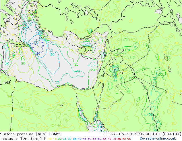 Isotachs (kph) ECMWF Tu 07.05.2024 00 UTC