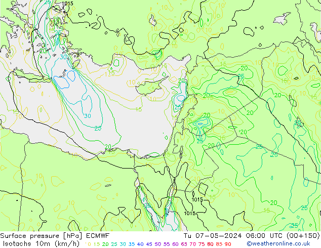 Isotachs (kph) ECMWF Tu 07.05.2024 06 UTC