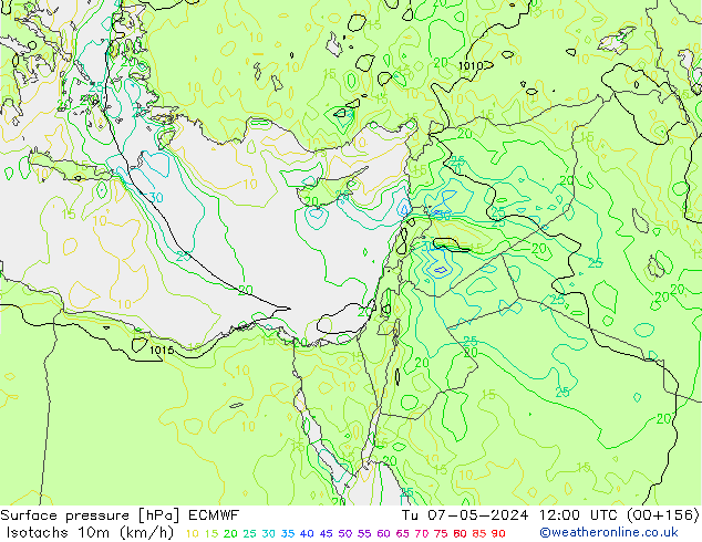 Isotachs (kph) ECMWF Tu 07.05.2024 12 UTC