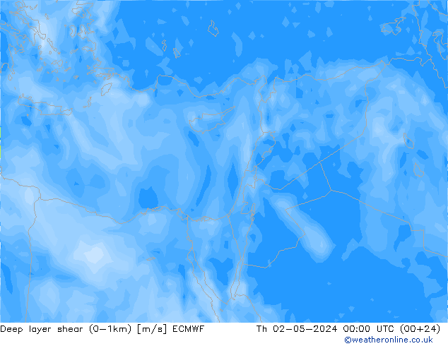 Deep layer shear (0-1km) ECMWF jeu 02.05.2024 00 UTC