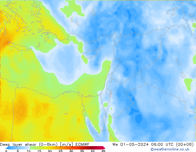 Deep layer shear (0-6km) ECMWF mié 01.05.2024 06 UTC