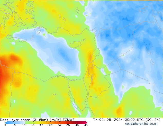 Deep layer shear (0-6km) ECMWF jeu 02.05.2024 00 UTC