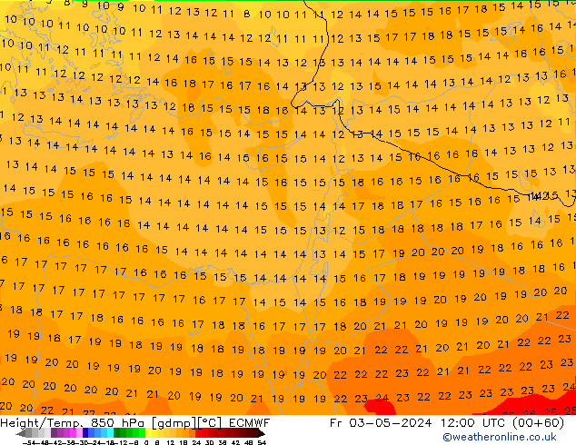 Geop./Temp. 850 hPa ECMWF vie 03.05.2024 12 UTC