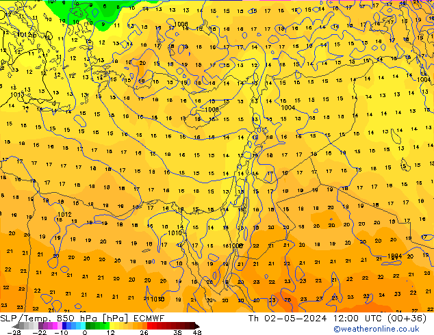 SLP/Temp. 850 hPa ECMWF Th 02.05.2024 12 UTC