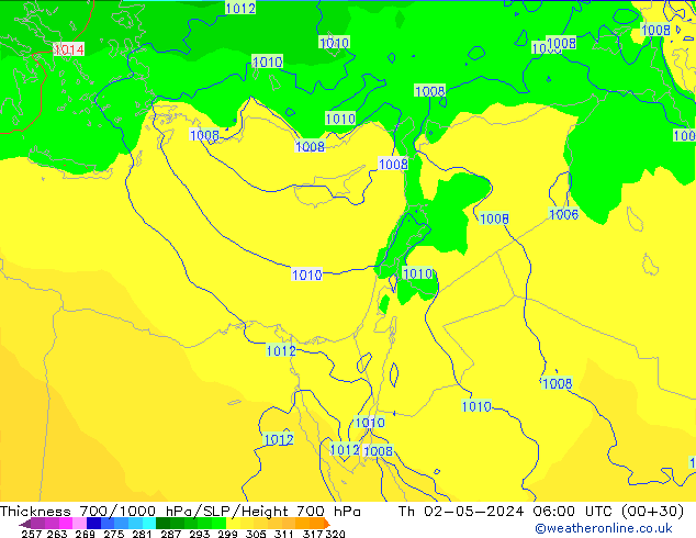 Thck 700-1000 hPa ECMWF gio 02.05.2024 06 UTC