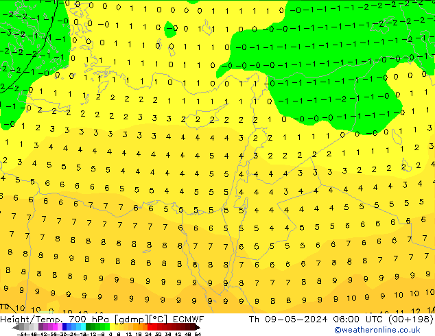 Height/Temp. 700 hPa ECMWF Th 09.05.2024 06 UTC