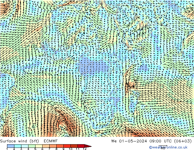 Surface wind (bft) ECMWF We 01.05.2024 09 UTC