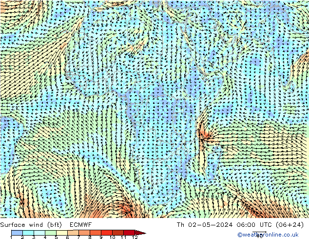 Surface wind (bft) ECMWF Th 02.05.2024 06 UTC