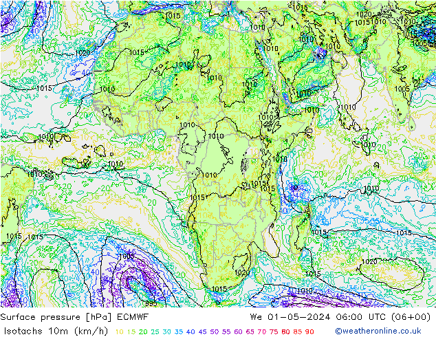 Isotachs (kph) ECMWF We 01.05.2024 06 UTC