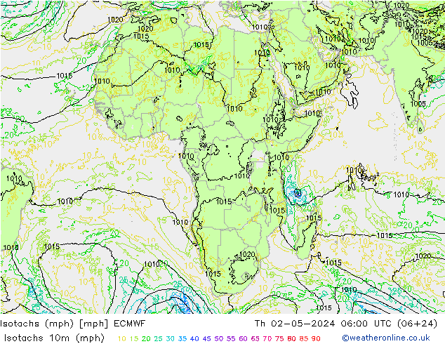 Izotacha (mph) ECMWF czw. 02.05.2024 06 UTC