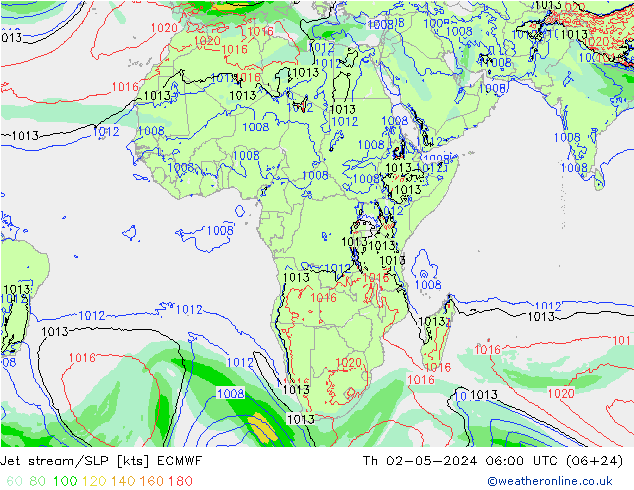 Jet stream/SLP ECMWF Th 02.05.2024 06 UTC