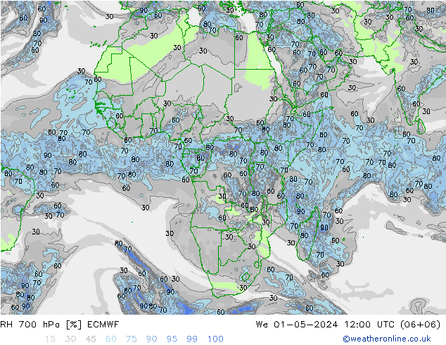 Humidité rel. 700 hPa ECMWF mer 01.05.2024 12 UTC