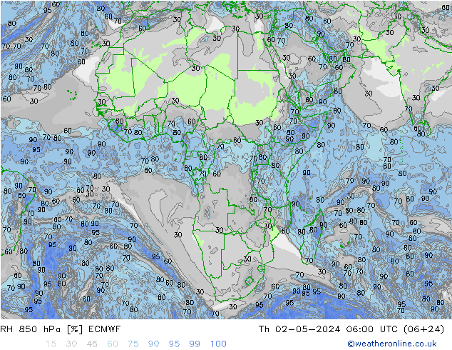 RH 850 hPa ECMWF czw. 02.05.2024 06 UTC