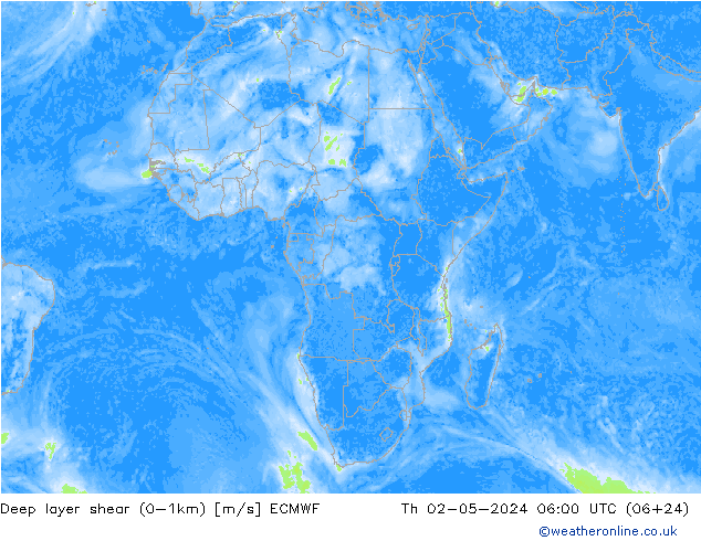 Deep layer shear (0-1km) ECMWF czw. 02.05.2024 06 UTC