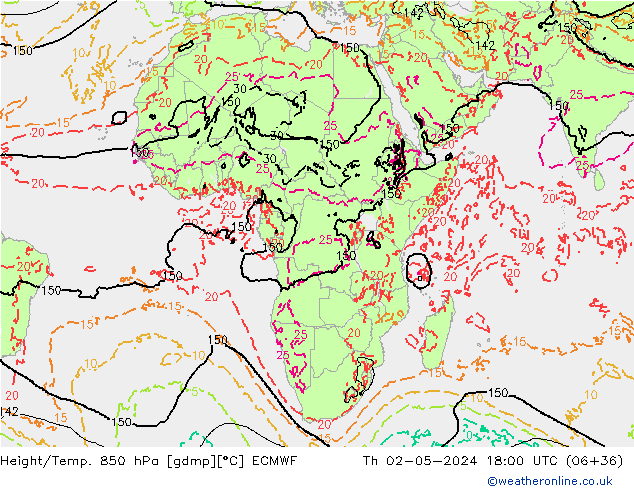 Height/Temp. 850 hPa ECMWF Čt 02.05.2024 18 UTC