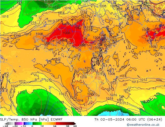 SLP/Temp. 850 hPa ECMWF Th 02.05.2024 06 UTC