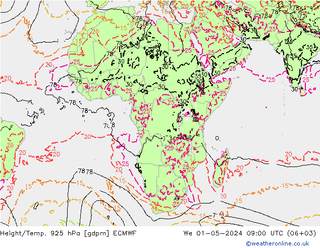 Height/Temp. 925 hPa ECMWF We 01.05.2024 09 UTC