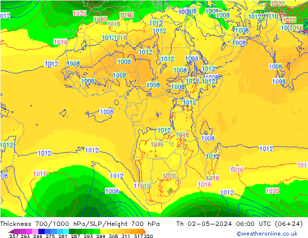 Thck 700-1000 hPa ECMWF czw. 02.05.2024 06 UTC