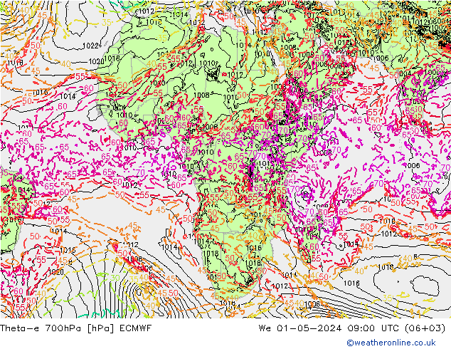 Theta-e 700hPa ECMWF We 01.05.2024 09 UTC