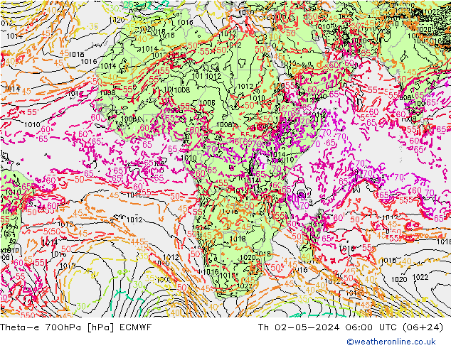 Theta-e 700hPa ECMWF Th 02.05.2024 06 UTC