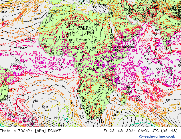 Theta-e 700hPa ECMWF Fr 03.05.2024 06 UTC