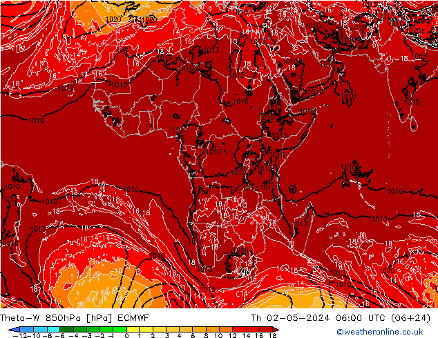 Theta-W 850hPa ECMWF czw. 02.05.2024 06 UTC