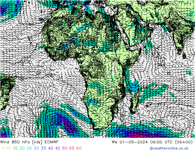 wiatr 850 hPa ECMWF śro. 01.05.2024 06 UTC