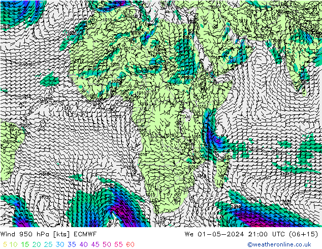 Wind 950 hPa ECMWF St 01.05.2024 21 UTC