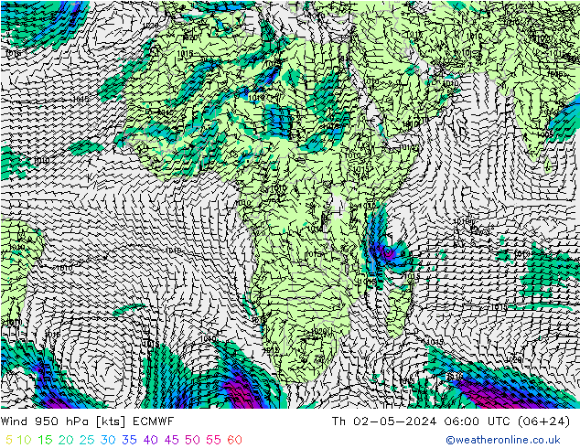 wiatr 950 hPa ECMWF czw. 02.05.2024 06 UTC