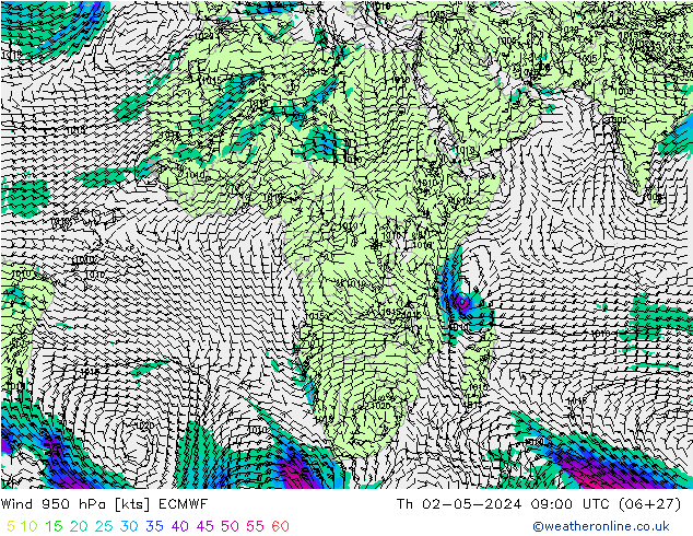 Vent 950 hPa ECMWF jeu 02.05.2024 09 UTC