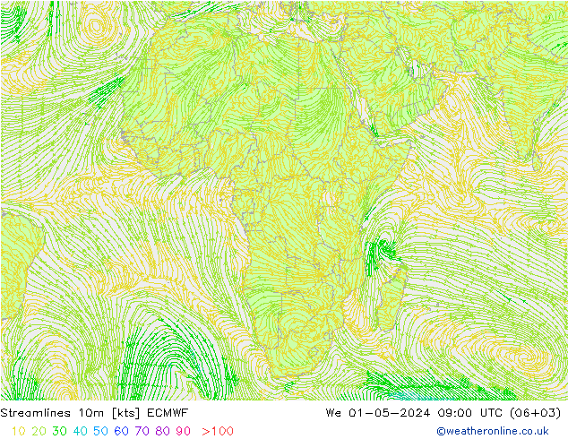 Streamlines 10m ECMWF We 01.05.2024 09 UTC