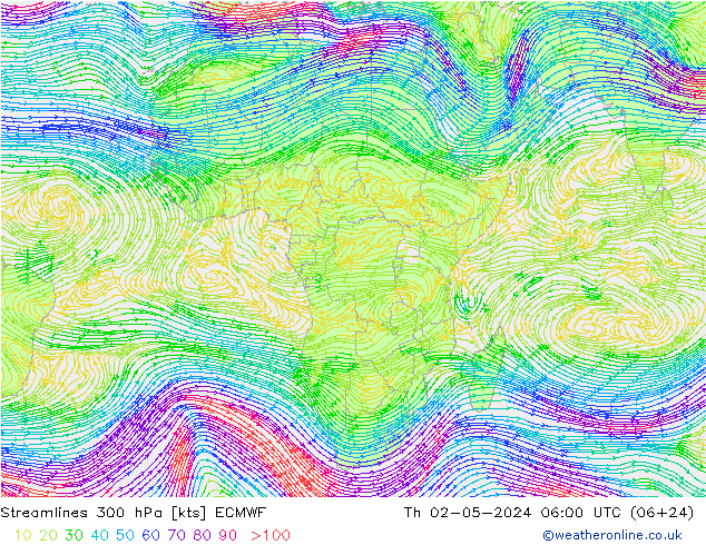 Linia prądu 300 hPa ECMWF czw. 02.05.2024 06 UTC