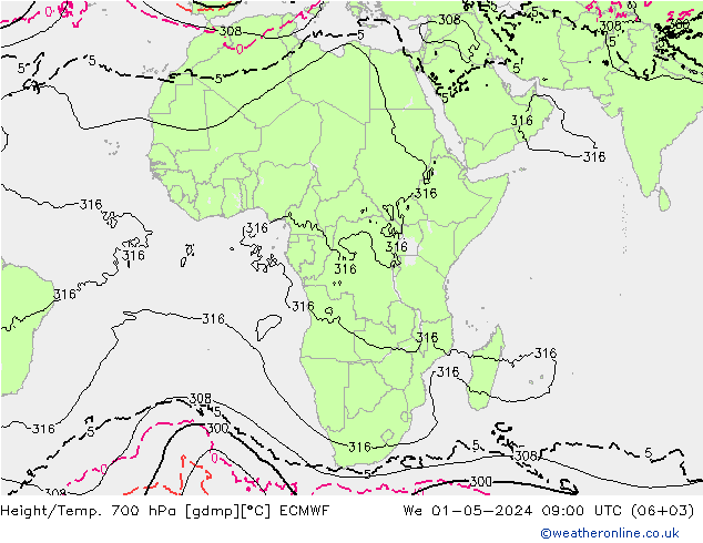 Height/Temp. 700 hPa ECMWF We 01.05.2024 09 UTC