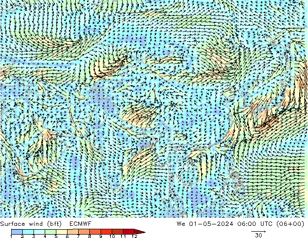 Surface wind (bft) ECMWF We 01.05.2024 06 UTC